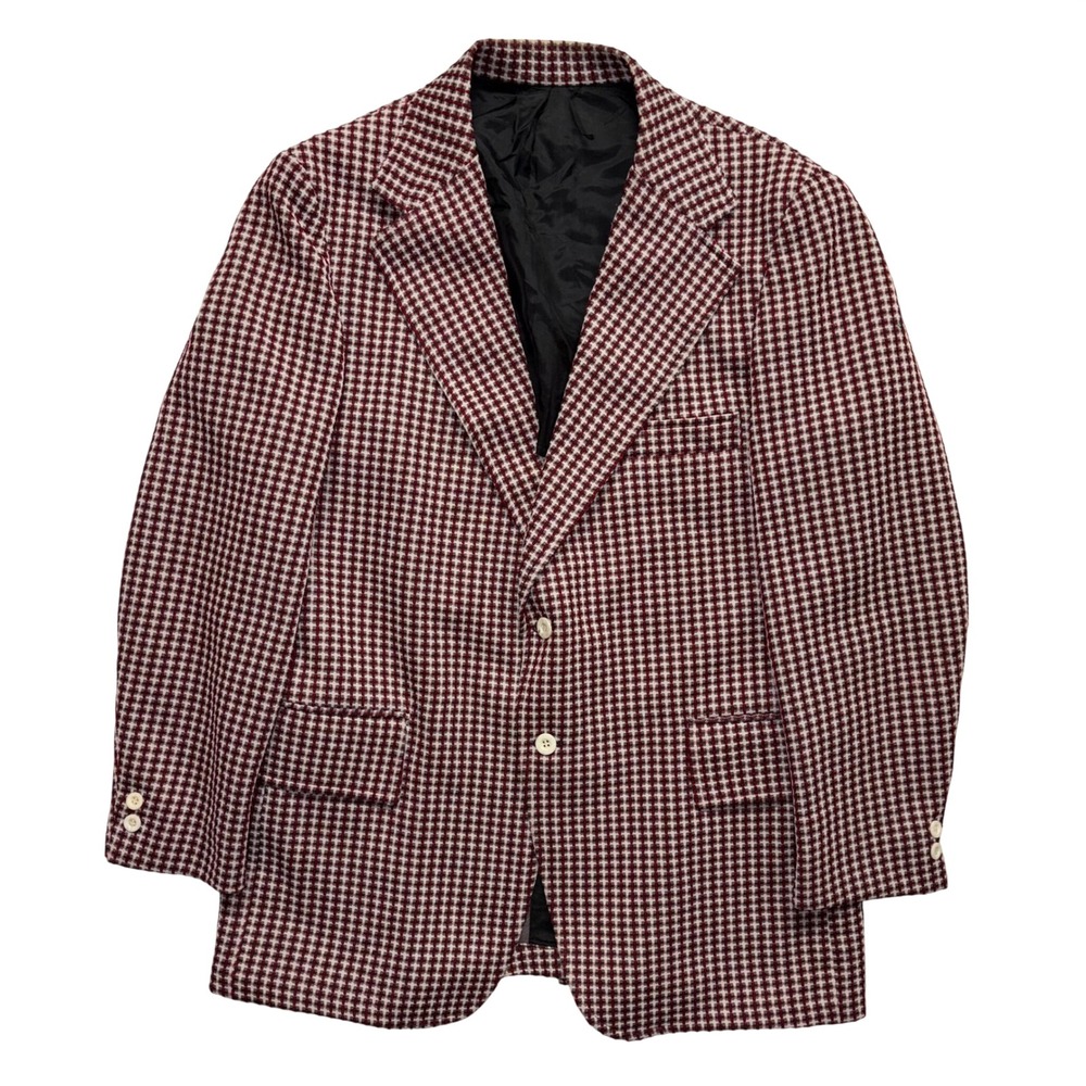 Vintage John Blair Mens Burgundy Houndstooth Sport Coat Blazer Two Button